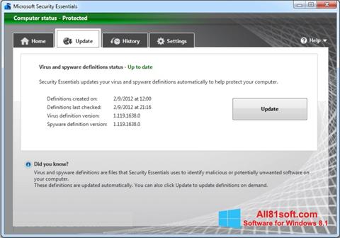 Screenshot Microsoft Security Essentials per Windows 8.1